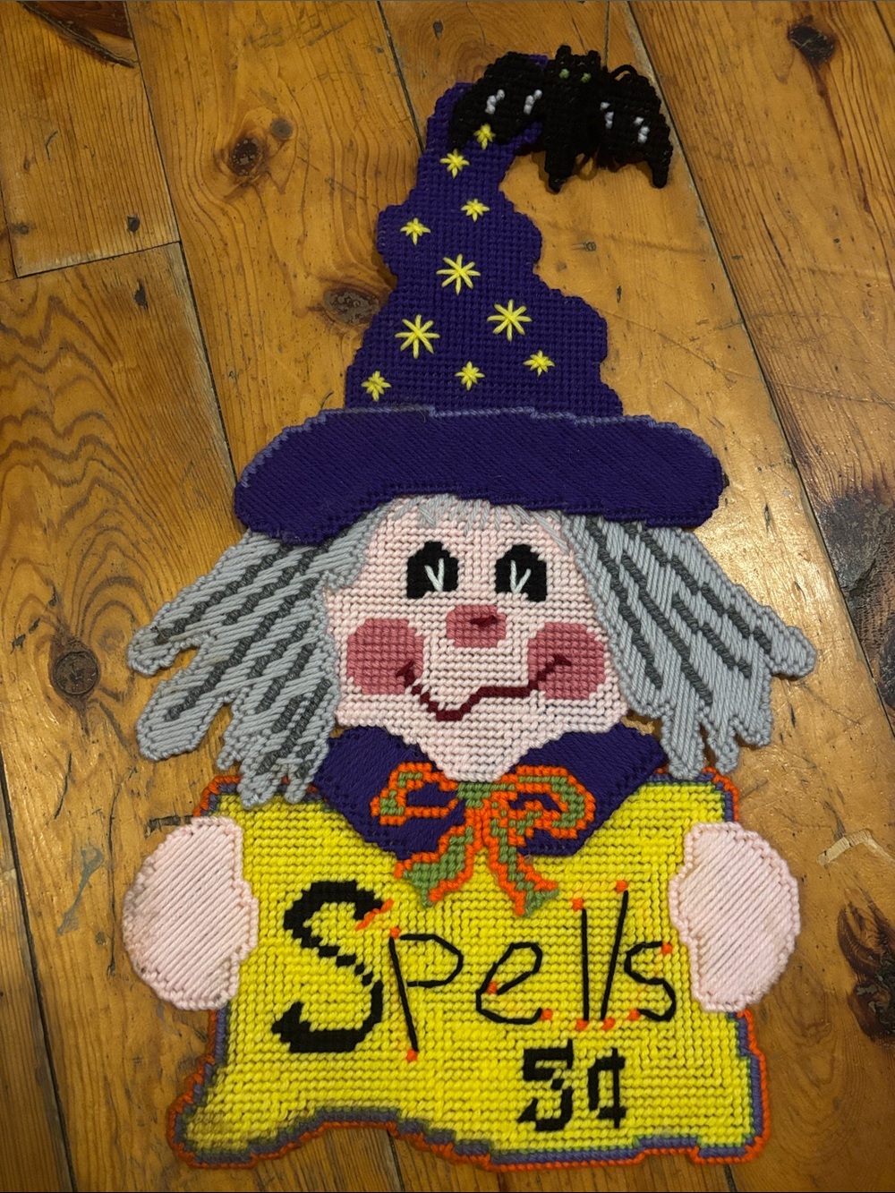 Vintage Halloween Witch Spells 5¢ Plastic Canvas Wall Hanging Handmade